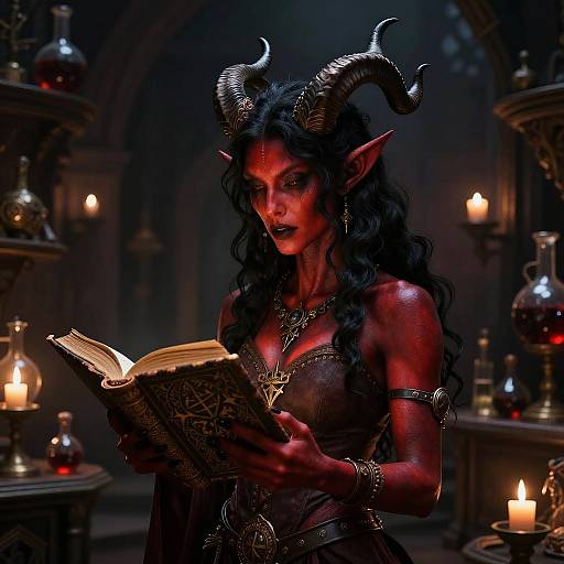 Crimson Tiefling Witch in Alchemist's Chamber