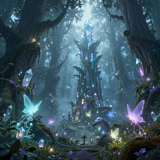 Fantastical forest scene with glowing blue and purple butterflies, ethereal luminescent trees, and a mystical, glowing fairy-like structure at the center