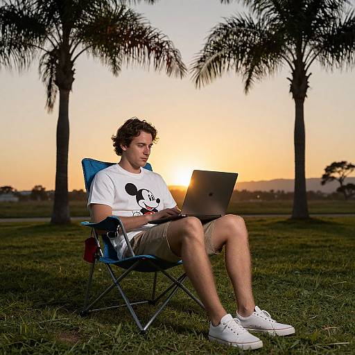 Photograph of a young man with curly hair, wearing a white T-shirt and beige shorts, sitting on a blue chair, using a laptop at sunset