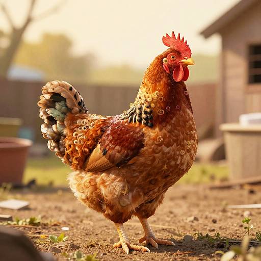 Curly Haired Chicken in Sunny Farmyard