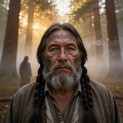 Photograph of an elderly Native American man with braided hair, gray beard, and face paint, standing in a misty forest at sunrise. Sil