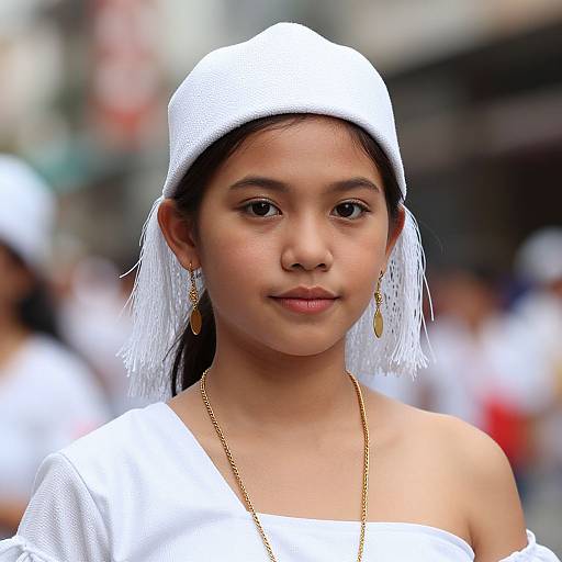 Photograph of a young Asian woman with light brown skin, wearing a white off-shoulder top and white headpiece with fringe, adorned with gold