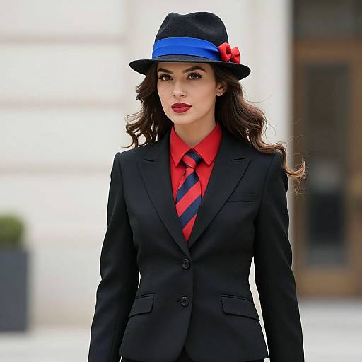Photograph of a woman with long wavy brown hair, wearing a black suit, red shirt, striped tie, and blue hat with red bow,