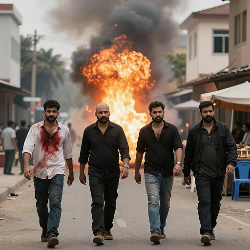Four Men Walking Amid City Explosions