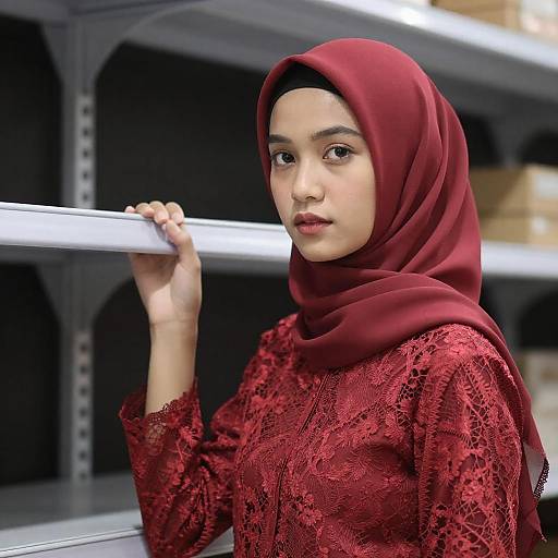 Young Woman in Red Lace Hijab