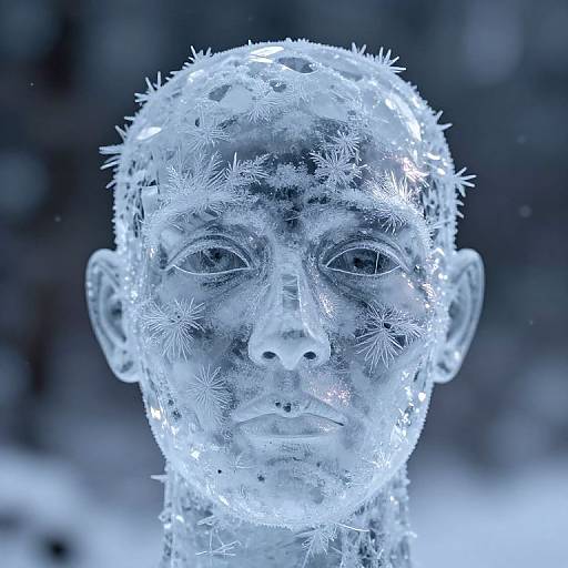 Photograph of a crystallized human face, covered in intricate ice crystals, with a blue monochromatic background, creating a frosty, ethereal