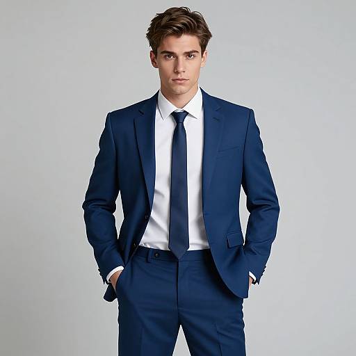 Photograph of a handsome, young Caucasian man with brown hair, wearing a navy blue suit, white shirt, and black tie, standing against a plain