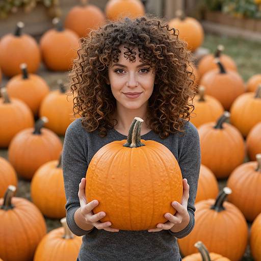 Photograph of a smiling woman with curly brown hair holding a large orange pumpkin, surrounded by many more pumpkins outdoors.