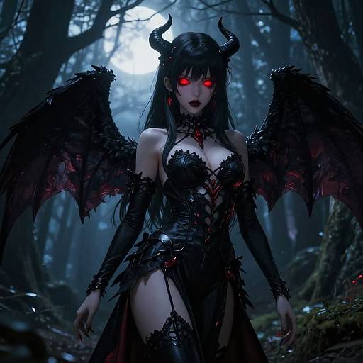 Digital fantasy art of a seductive, black-winged demon woman with glowing red eyes, black horns, and dark, revealing armor in a misty