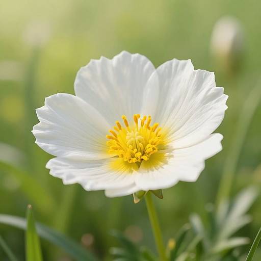 Close-up photograph of a bright white daisy with a vibrant yellow center, set against a softly blurred green grass background.