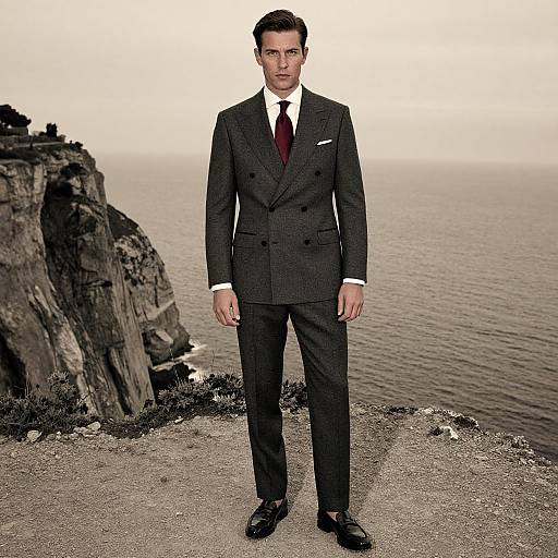 Photograph of a handsome man in a black suit, white shirt, and red tie standing on a rocky cliff overlooking the ocean.