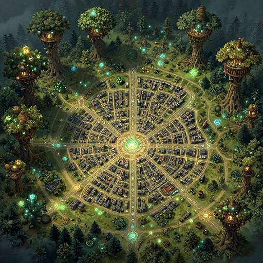 Fantastical aerial view of a glowing, circular town surrounded by towering trees with illuminated huts, arranged in a radial pattern.
