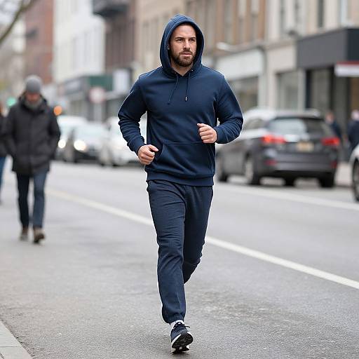 Photograph of a bearded man jogging on a city street, wearing a navy hoodie and track pants, hood up, with blurred background of pedestrians and