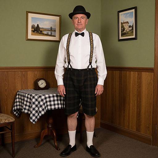 Photograph of a middle-aged man in traditional Scottish attire, standing in a wooden-paneled room with green walls, black-checkered table, clock,