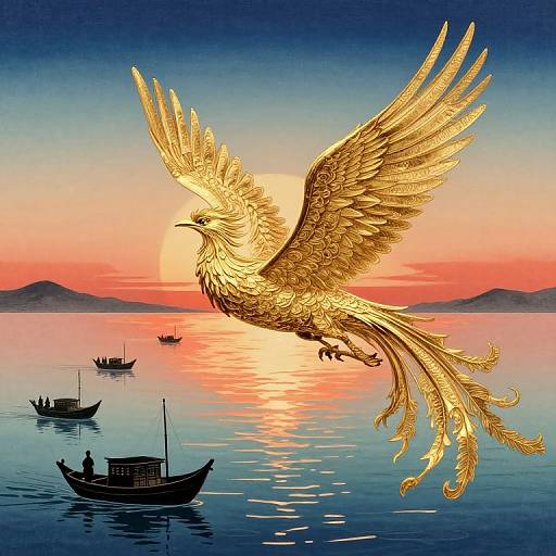 Golden phoenix with outstretched wings soars over calm sunset sea, silhouetted boats below, mountains in distance, vibrant orange and blue sky