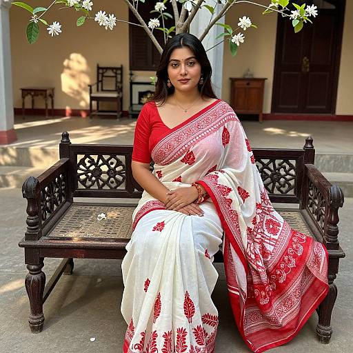 Photograph of a young South Asian woman with medium brown skin, black hair, and red lipstick, wearing a white and red traditional saree with floral