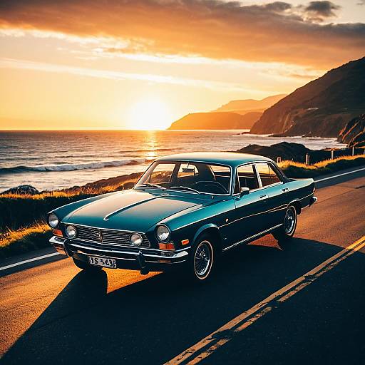 Vintage Car on Coastal Road at Sunset