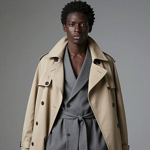 Photograph of a confident, dark-skinned man with short, curly hair, wearing a beige trench coat over a grey, V-neck, belted