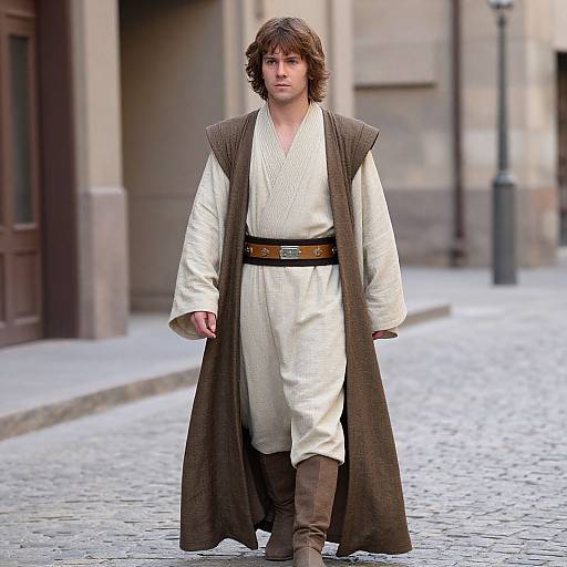 Photograph of a young man with brown hair in a white tunic, brown vest, and belt, walking on a cobblestone street. He