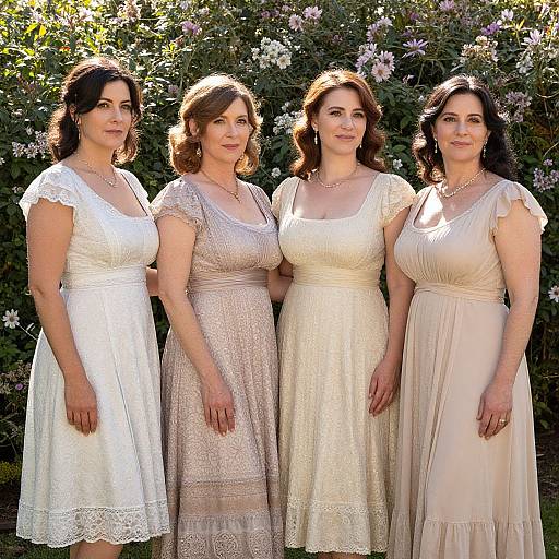 Photograph of four women with dark hair, wearing white and beige lace dresses, standing in front of blooming flowers, sunlight filtering through.