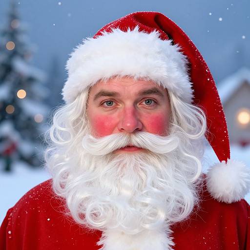 Photograph of a Santa Claus with a white beard, red hat, and coat, set against a snowy, blurred winter background.