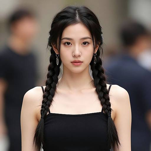 Photograph of an East Asian woman with long black braided hair, wearing a black sleeveless top, standing in a blurred urban background. She has