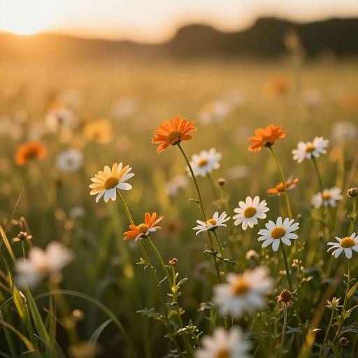 Photograph of a sunlit meadow with white daisies and orange Cosmos flowers, blurred background, warm golden hour light, soft focus.