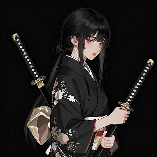 Elegant Asian Woman in Black Kimono
