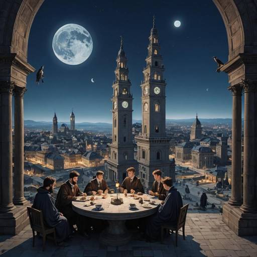 Surreal Cityscape with Boys and Statues