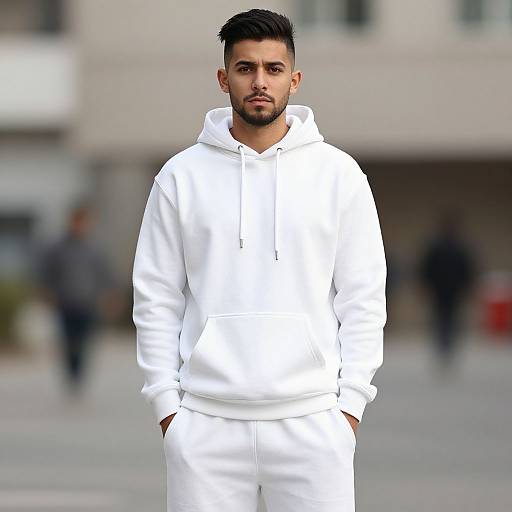 Realistic Male in White Hoodie Sweatsuit
