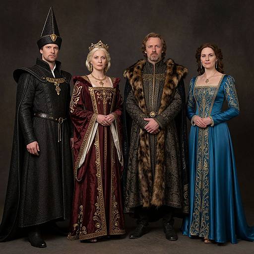 Photograph of four medieval-style royalty in elaborate costumes: black-robed man, crowned blonde woman, bearded man in fur cloak, blue-robed