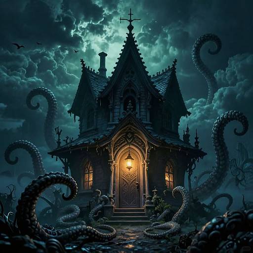 Gothic, eerie house with glowing lantern, surrounded by dark, tentacled creatures under a stormy, moonlit sky. Digital art.