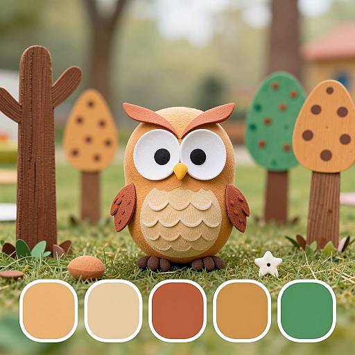 Photograph of a colorful wooden owl with large eyes, brown and beige feathers, standing in a whimsical forest with wooden trees and painted mushrooms, with