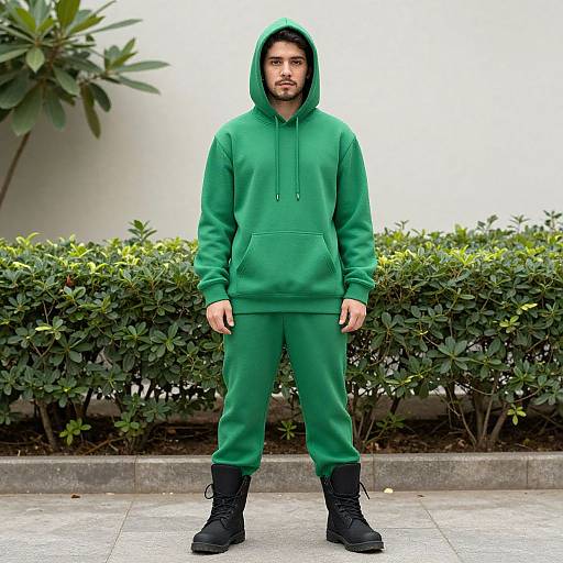 Photograph of a bearded man with medium skin tone, wearing a green hoodie and matching pants, black boots, standing in front of a bushy