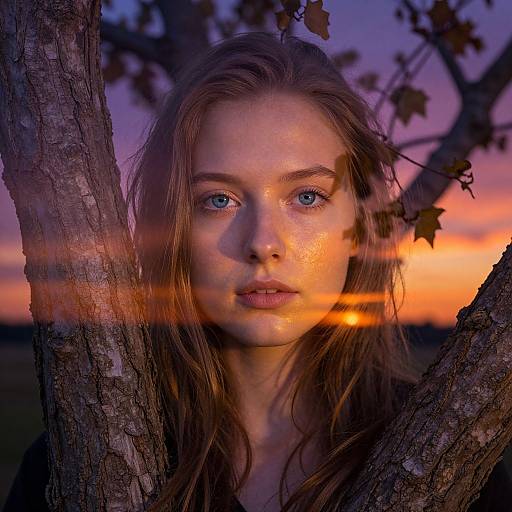 Double Exposure Portrait of Woman with Tree and Sunset