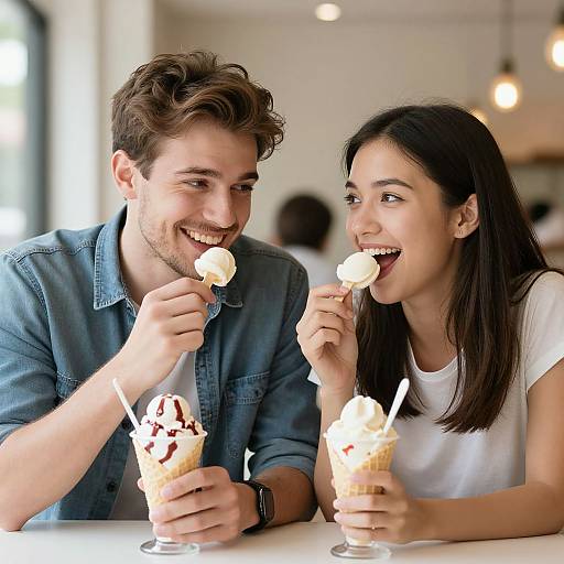 Photograph of a smiling young couple with light brown and dark brown hair, eating ice cream sundaes in a bright, modern café.