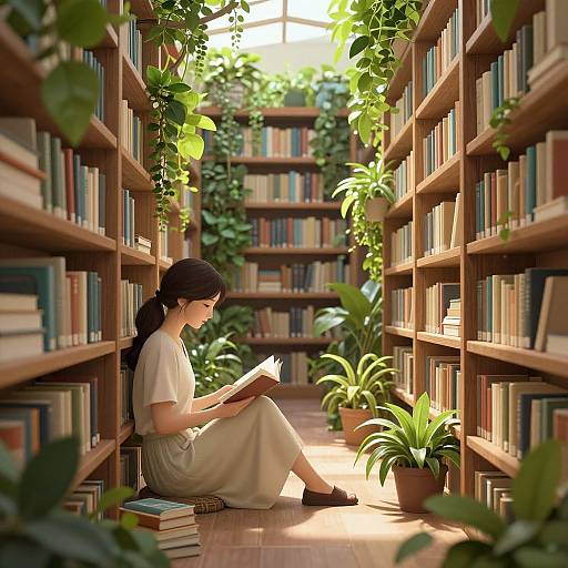 Digital illustration of a serene library aisle with sunlight filtering through green vines. A woman with black hair in a ponytail, wearing a white shirt and beige