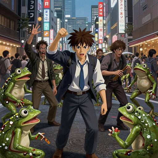 Digital anime-style illustration: Angry brown-haired man in suit, surrounded by green frogs, fighting two disheveled men in a brightly lit, busy city