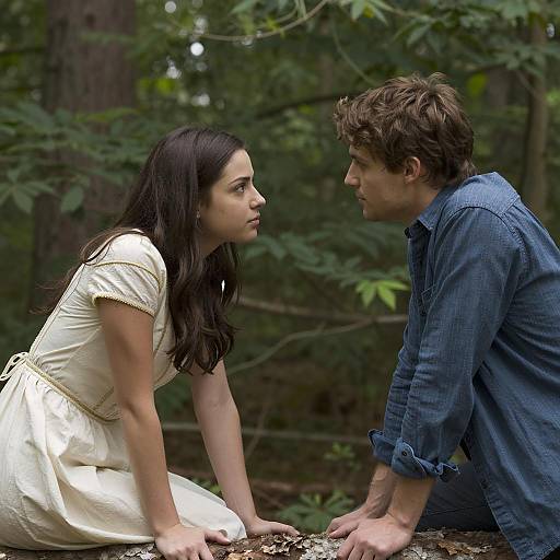 Young Couple Leaning Over Log in Forest