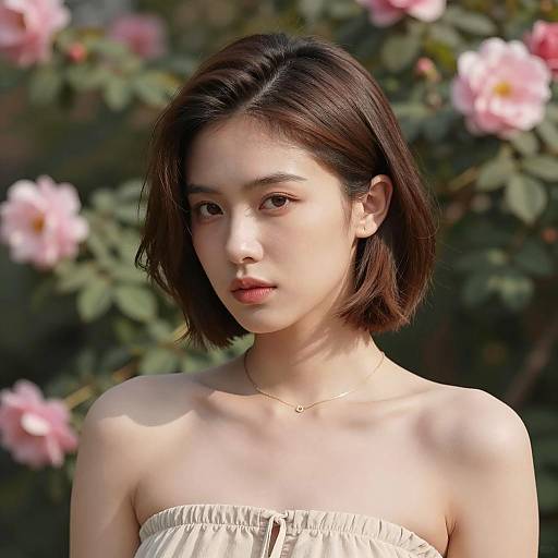 Young Woman with Short Brown Bob Hairstyle Outdoors