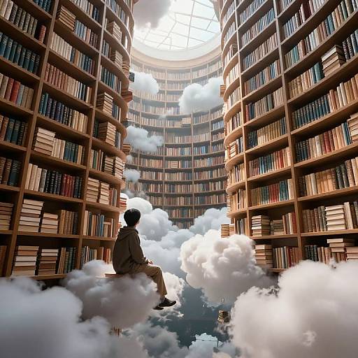 Photograph-like digital art of a person sitting on a cloud in a vast, circular library with towering bookshelves and a glowing skylight,