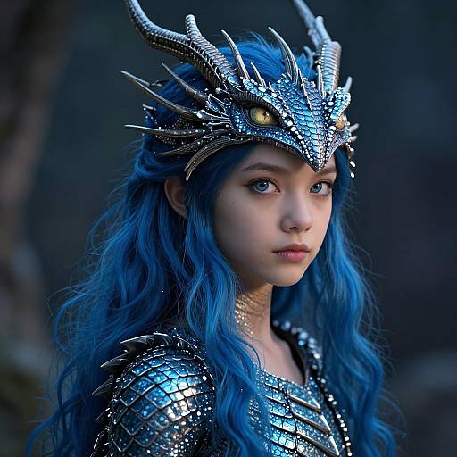 Photorealistic digital art of a young woman with blue hair, wearing a metallic dragon-like crown and scale armor, with piercing blue eyes, in a