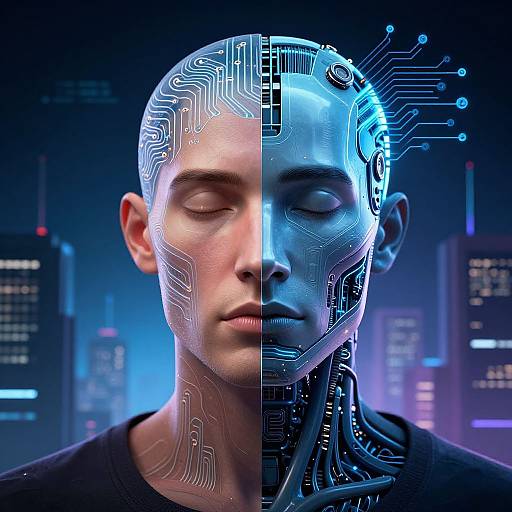 Photograph-style CGI of a bald, fair-skinned man with a split face: left side human, right side cybernetic with blue circuitry