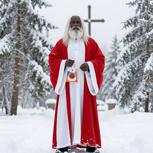 Photograph of a bearded, dark-skinned Santa Claus in a red and white robe, holding a candy cane, standing in a snowy forest with