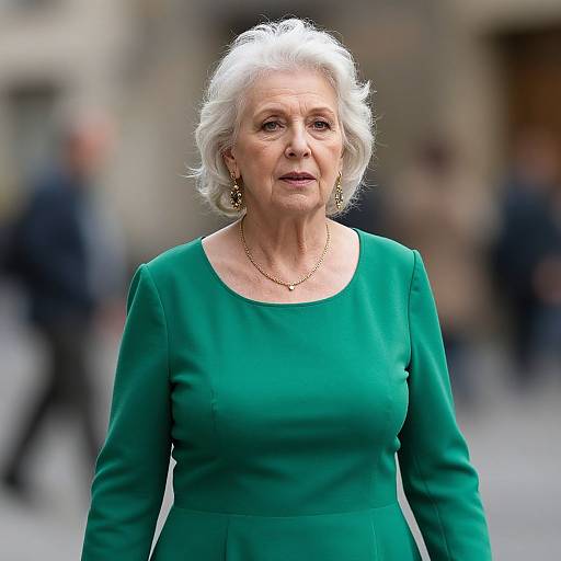 Photograph of an elderly woman with short white hair, wearing a green dress, gold earrings, and necklace, standing outdoors with a blurred urban background.