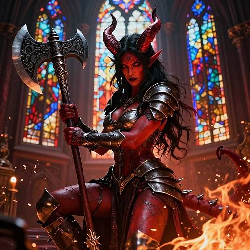 Digital artwork of a fierce, red-skinned demon warrior with black horns, long hair, and glowing eyes, wielding an ornate axe in a fiery