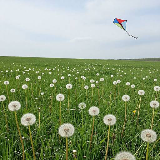 Photograph of a green meadow filled with white dandelions, a colorful kite flying in the sky, under a cloudy blue sky.