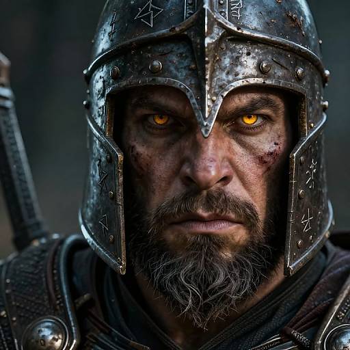 Photorealistic portrait of a rugged, bearded Viking warrior with glowing yellow eyes, wearing a worn, silver helmet with runes, and dark armor,