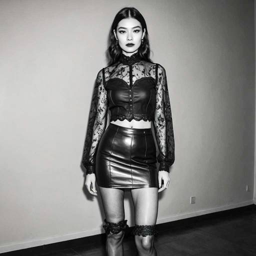 Woman in leather mini skirt and lace top