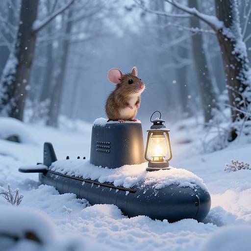 Photograph of a brown mouse standing on a snow-covered inflatable boat, next to a glowing lantern in a snowy forest.